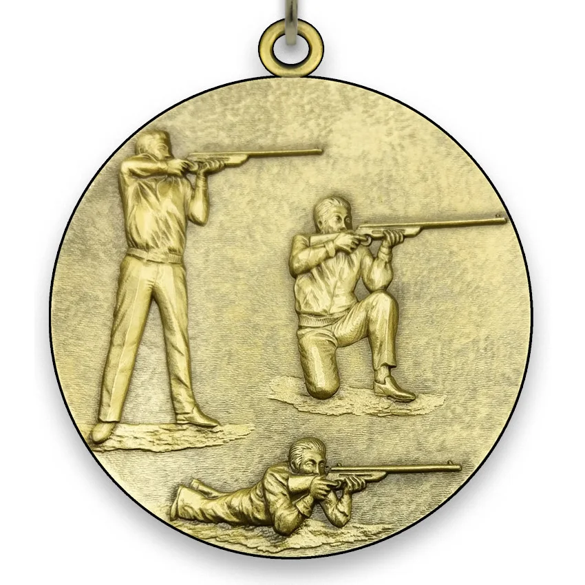 Large Metal Rifle Shooting Medal - Gold - 6,4 cm - with Neck Ribbon size 2,2cm x 80 cm - Choice of Ribbon Colours.