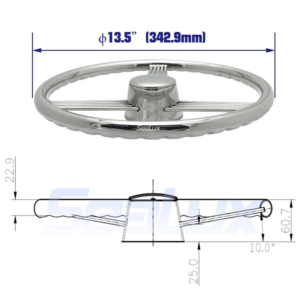 Rueda deportiva Sealux de 13,5 pulgadas con diseño de punta y empuñadura de acero inoxidable 304 para yate y barco