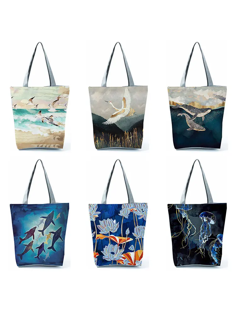 Japanese Style Ukiyoe Print Handbags Women Shoulder Bag Fashion Landscape Eco Reusable Shopping Bag Travel Beach Bag Whale Tote