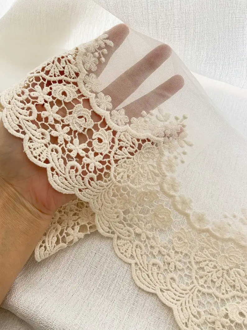 10 yards Ecru Cotton Mesh Lace Trim Embroidered Eyelet Lace Trim Soft Tulle Lace Trim With Cotton Scallops