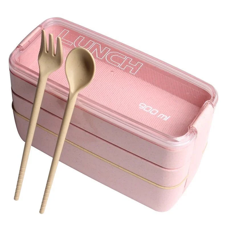 900ml Portable Healthy Material Lunch Box 3 Layer Wheat Straw Bento Boxes Microwave Dinnerware Food Storage Container Foodbox