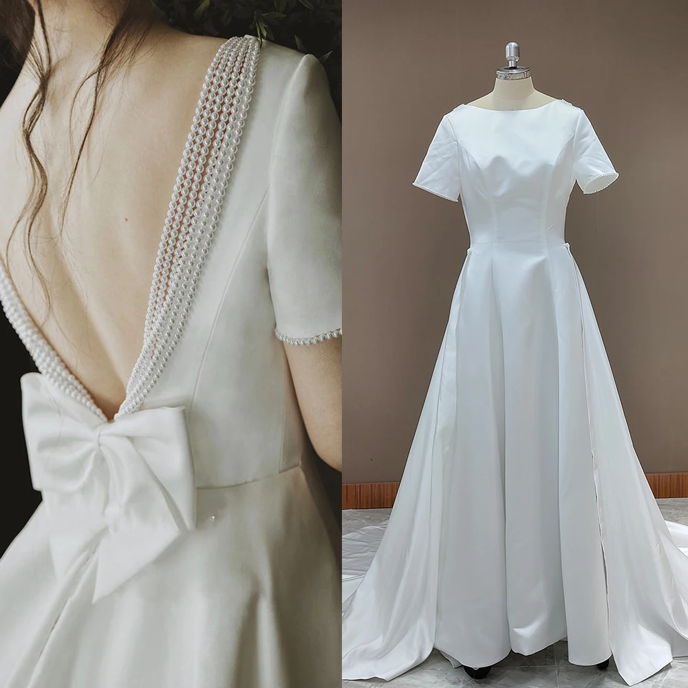 Vintage Satin Frauen Perlen Quadratischen Ausschnitt Hochzeit Ball Kleider Große Größe Prinzessin Backless Bogen Brautkleid Lange Zug Hochzeit