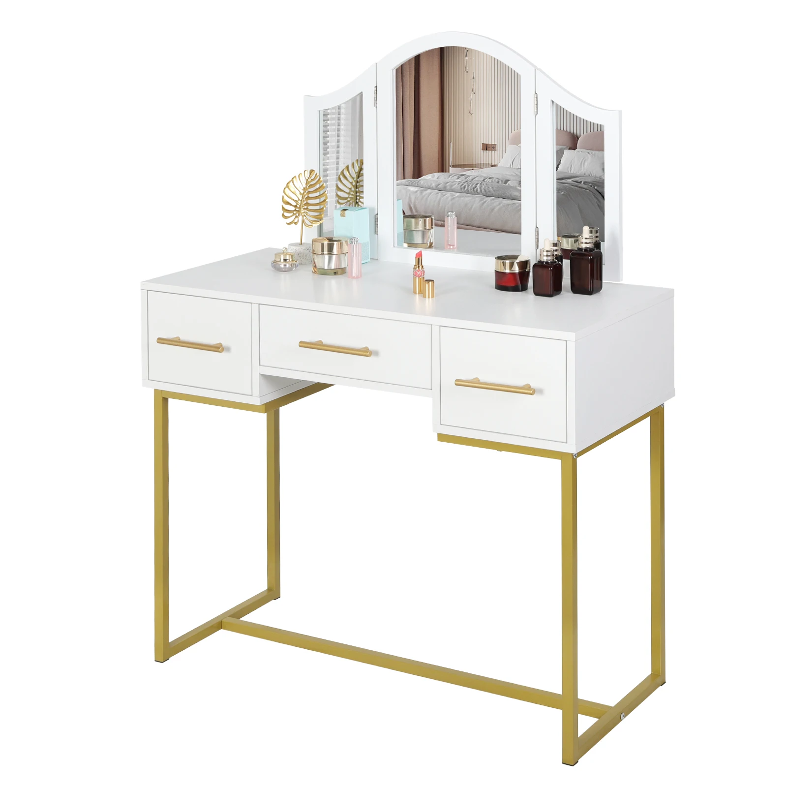 Makeup Dressing Table With 3 Mirrors 3 Drawers Folding Vanity Cosmetic Table Multi-function Dresser for Bedroom Home