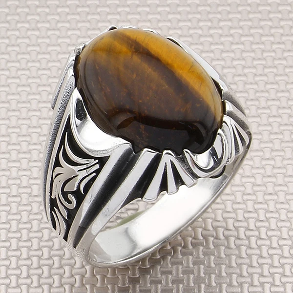 

Elegant Design 925 Sterling Silver Authentic Ottoman Onyx Agate And Tiger Eye Biker Men's Ring BusinesJewelery Accesory Gift Him