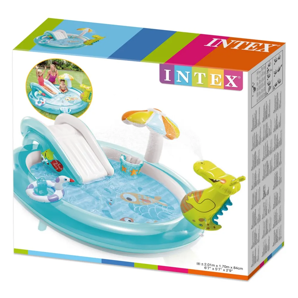 INTEX Centro de Juegos Cocodrilo con Tobogán, piscina para niños 2 años, piscina infantil, piscina hinchable, juguetes de playa, Juegos piscina,
