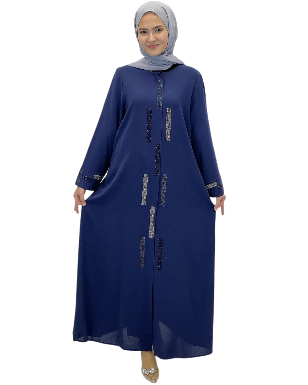 Muslim Abaya Islamic Dress Hijab Fashion Clothing Stripe Mother Stone Detail Hidden Zipper Honeycomb Fabric Lavin Ferace