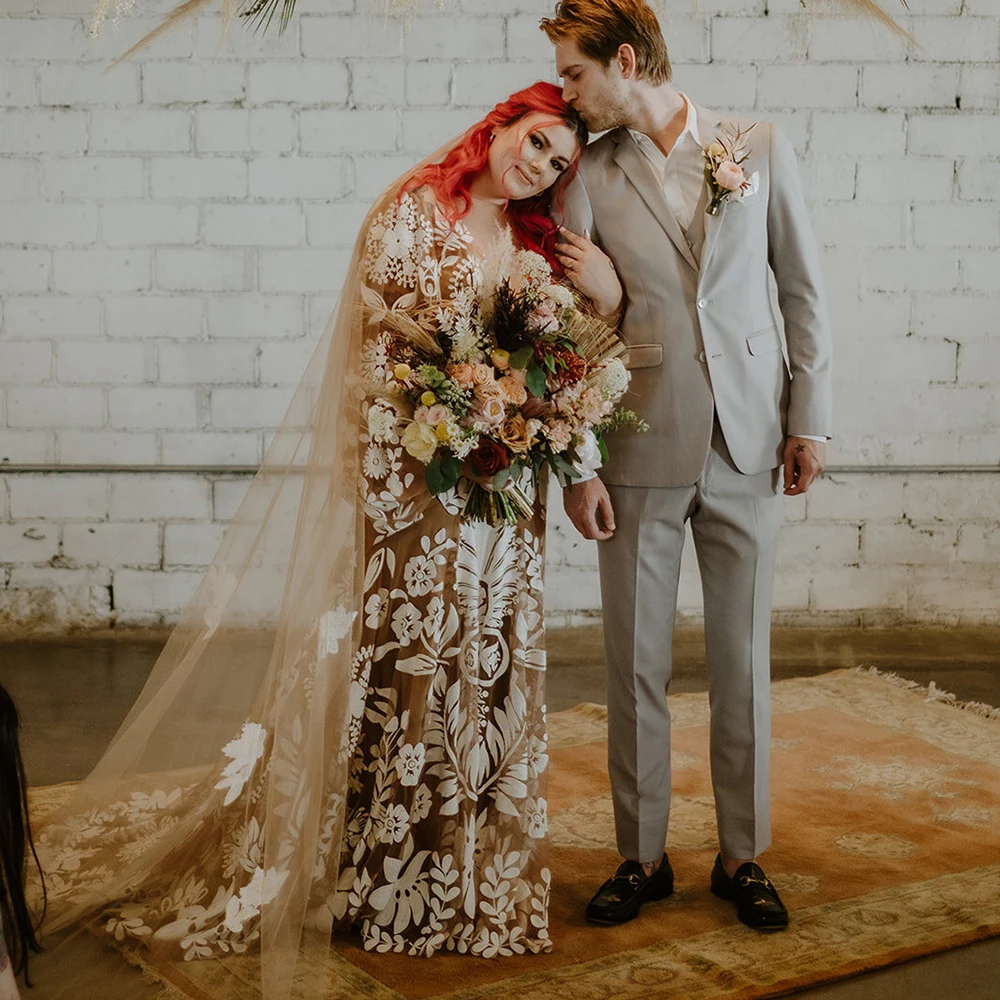 Robe de Mariée en Dentelle Florale à Manches sulfBouffantes, Style Boho, Surpoids, Grande Taille, Deux Pièces, Sur Mesure, Col en V, Sirène, Hiphélicoptère, pour Patients