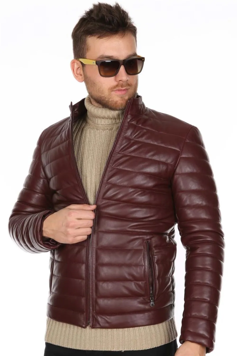 Skórzana kurtka męska sport model oryginalny lambskin bordowy kolor furless 2022 trend wygląd wykonane w turcji e-173