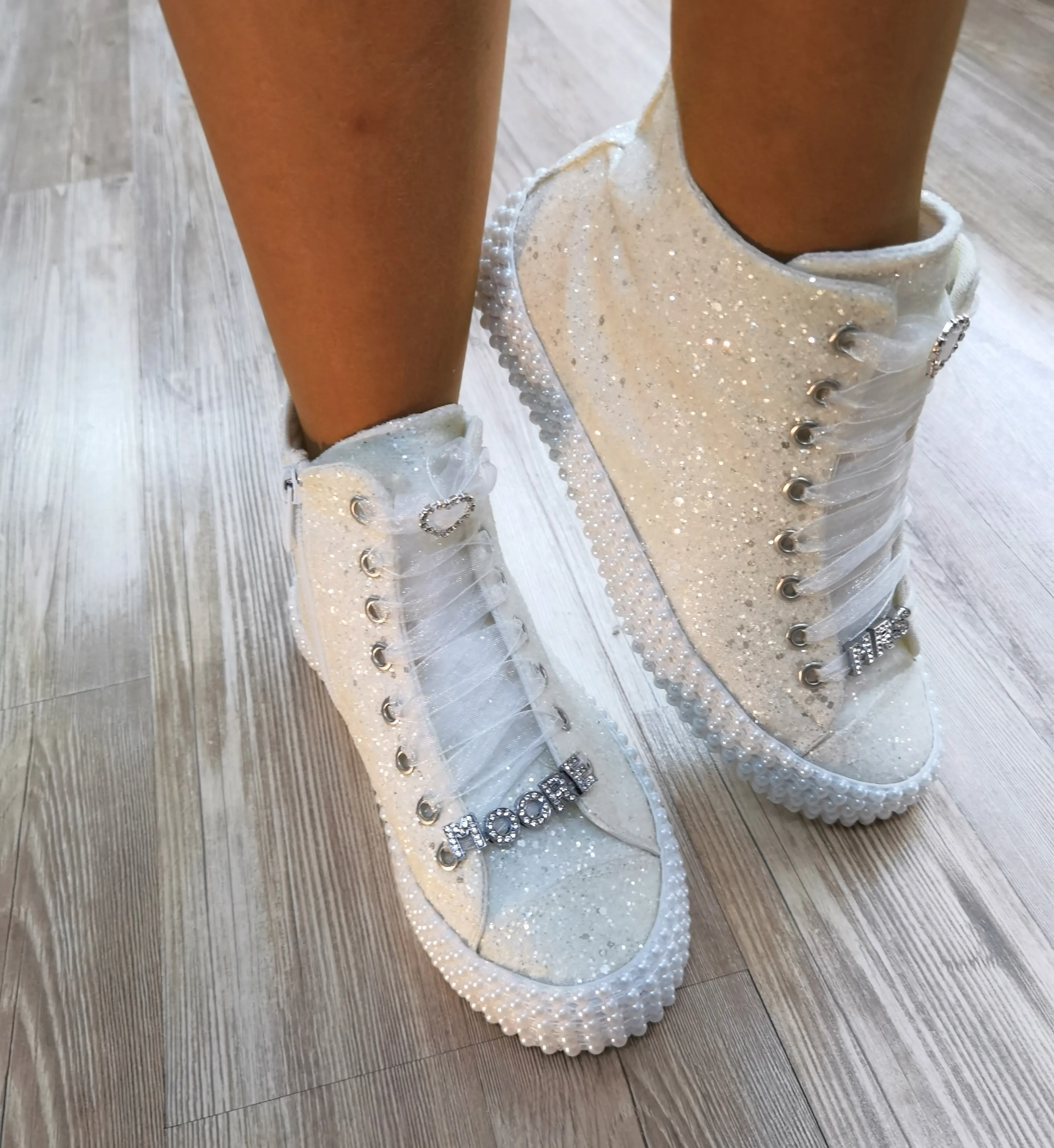 Bruids Schoenen Wit Glitter Witte Parel Rits Gemakkelijk Dragen Stilo Desing Casual Bruiloft Schoenen Sport Wit Canvas Maatwerk