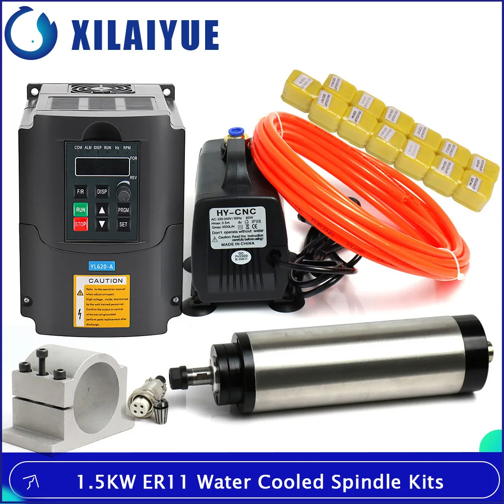 1.5KW 220V/110V Water Cooled Spindle Kits CNC spindle motor+1.5KW VFD+ 65mm clamp + 80w water pump + 13pcs ER11 For CNC Router