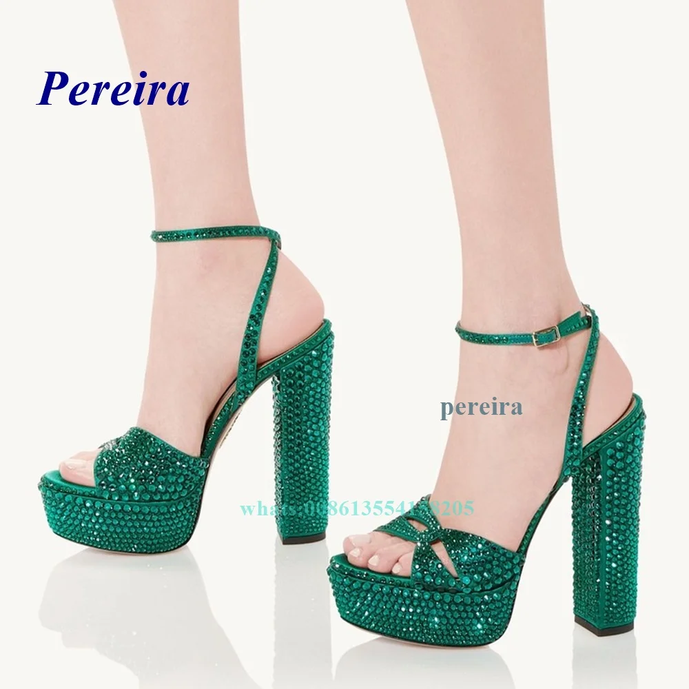 

2022 Crystal Green Platform Sandals Women Shoes Open Toe Rhinestone Buckle Strap Sandals Chunky Heel High Heels Summer Sexy Plus