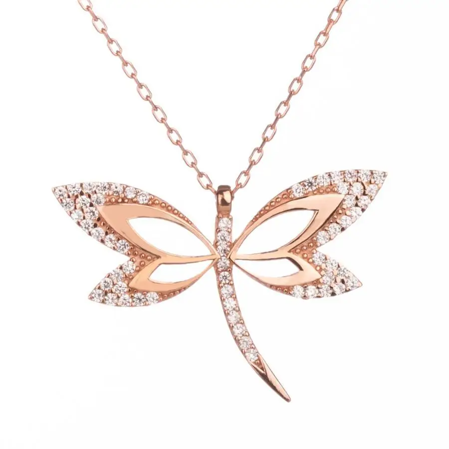 925 Sterling Silver Women Necklace Dragonfly Rose Gold Zircon Stone Gift Birthday Precious Pendant Stylish Chain Luxury Cool