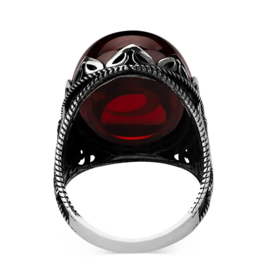 Ax Figured Red Stone Moon Star Silver Men's Ring Fashion Turkish Premium Quality Handmade Jawelery