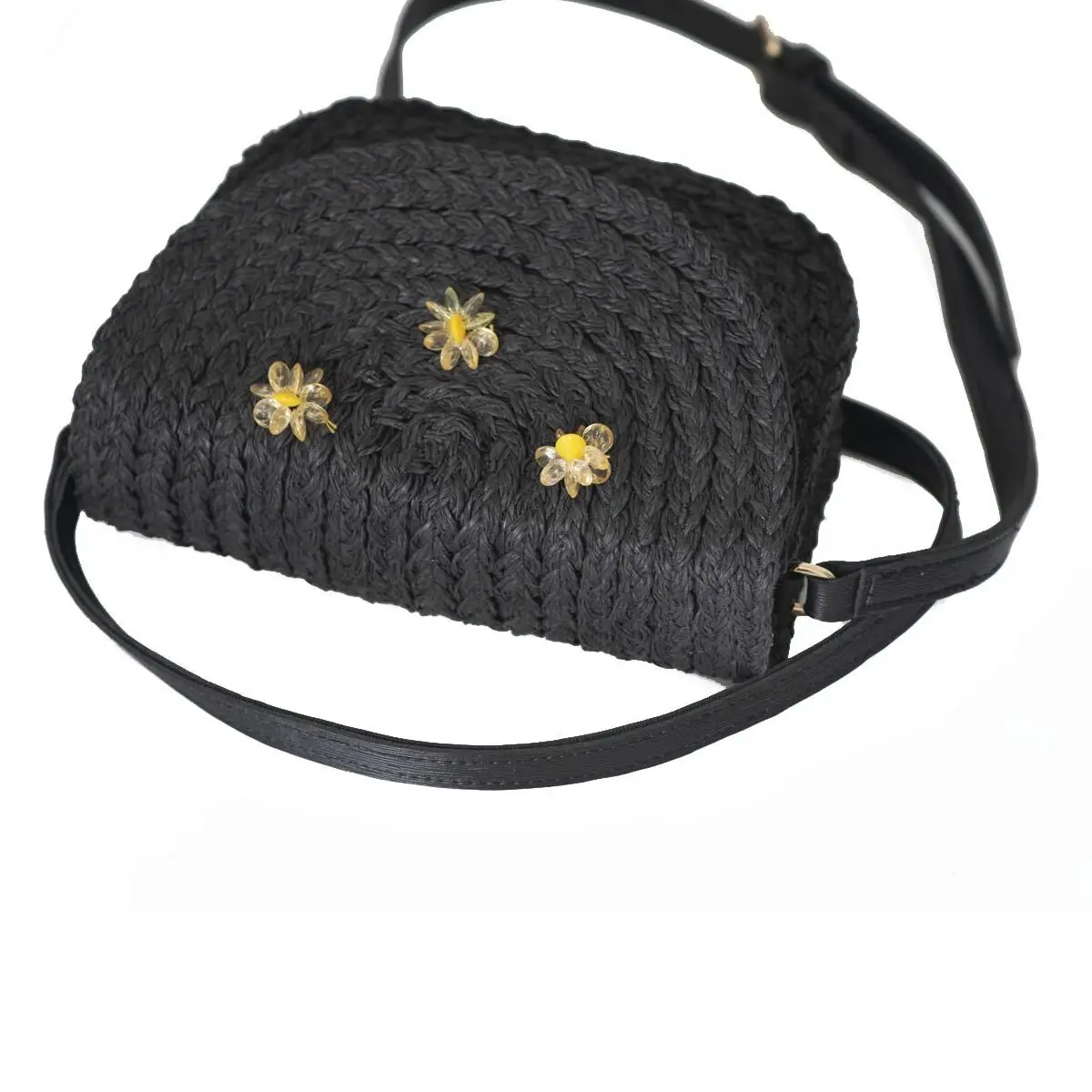 Women's Black Daisy Embroidered Straw Bag Knit Mini Crossbody Shoulder Bag Bead Detailed Bag Handmade for women beach bag 2021