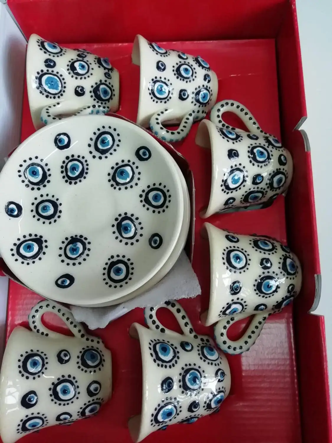 Evil Eye Designed Turkish Ceramic Coffee Set Six Pieces