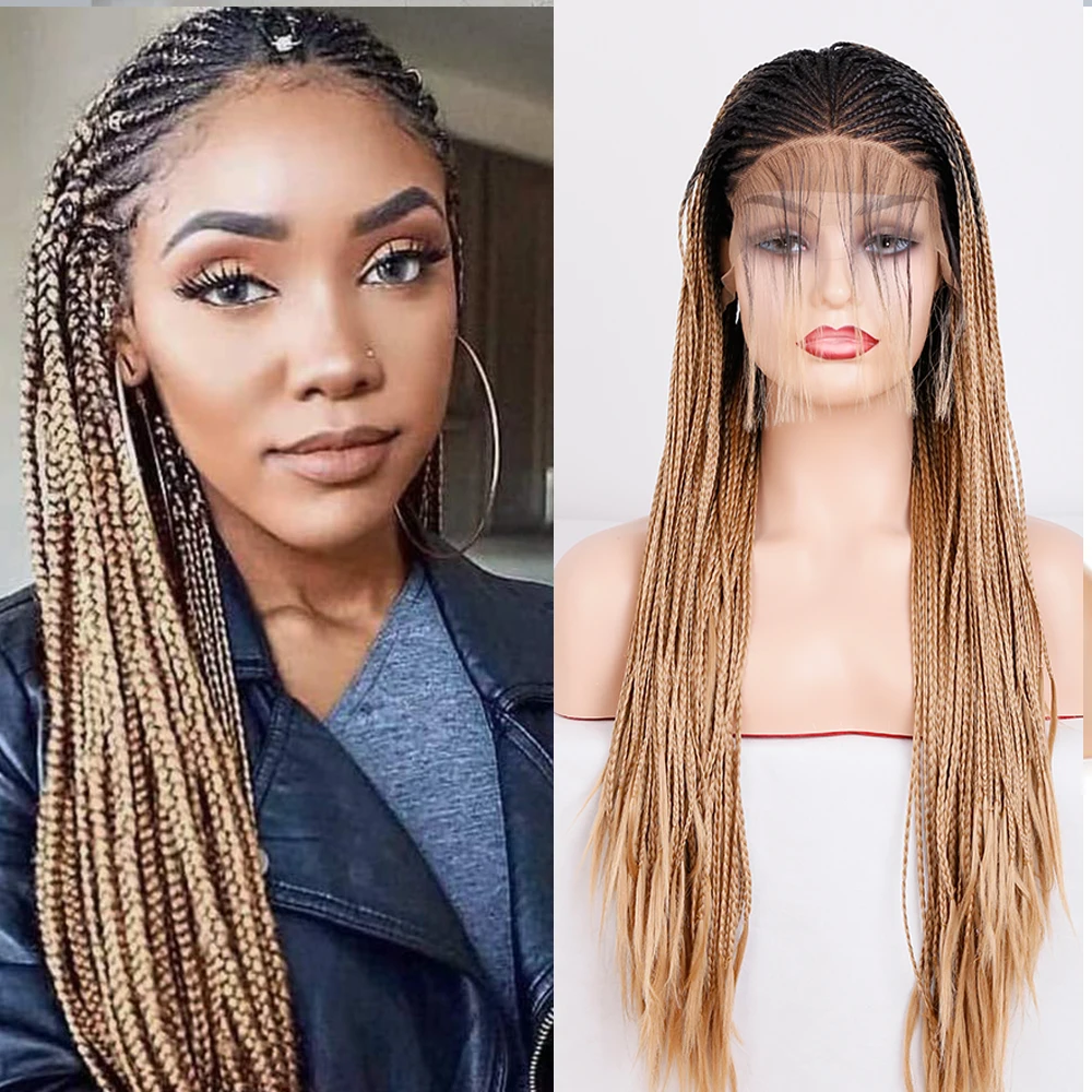 Light Grey Ombre Synthetic Lace Front Braided Wig With Black Roots For Black Women Afro America Women Box Braided Wigs