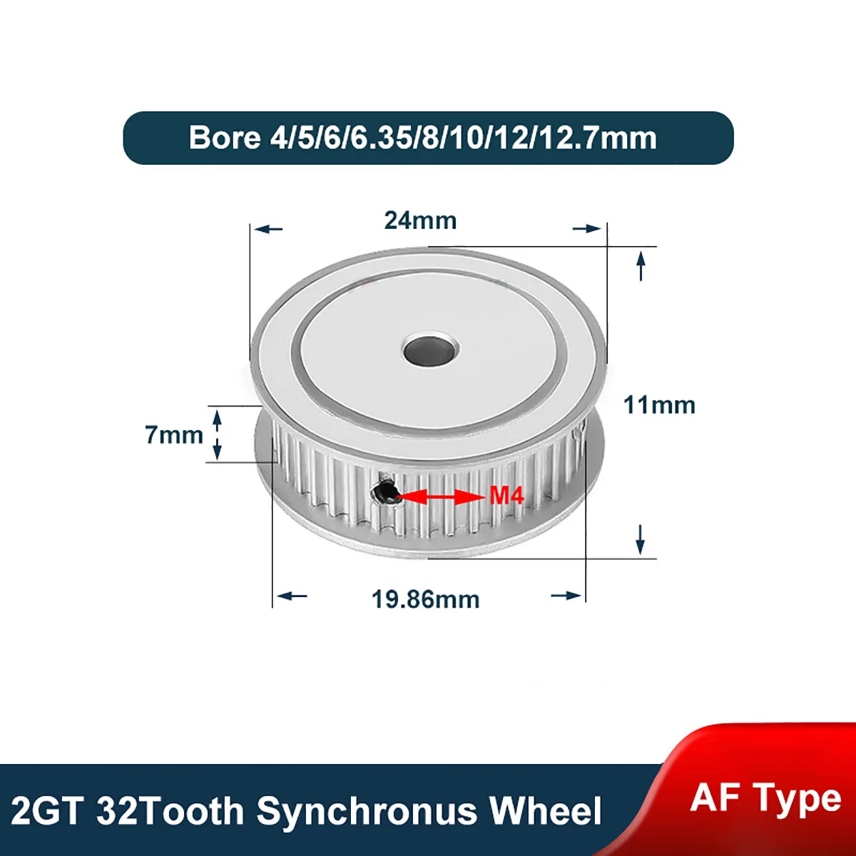 32T 2GT AF Type Synchronus Wheel Idler Pulley Bore 4/5/6/6.35/8/10/12/12.7mm Aluminium Timing Pulley Width 7mm 3D Printers Parts