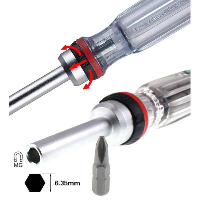 Vessel Ratchet Screwdriver Set with Multi-function Magnetic Bits Japan Tools No.6804