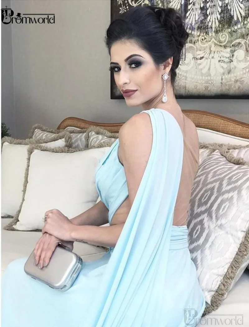 One Shoulder Light Sky Blue Evening Dresses Pleated Chiffon Floor Length Saudi Arabic Prom Dresses Elegant Women Formal Gowns