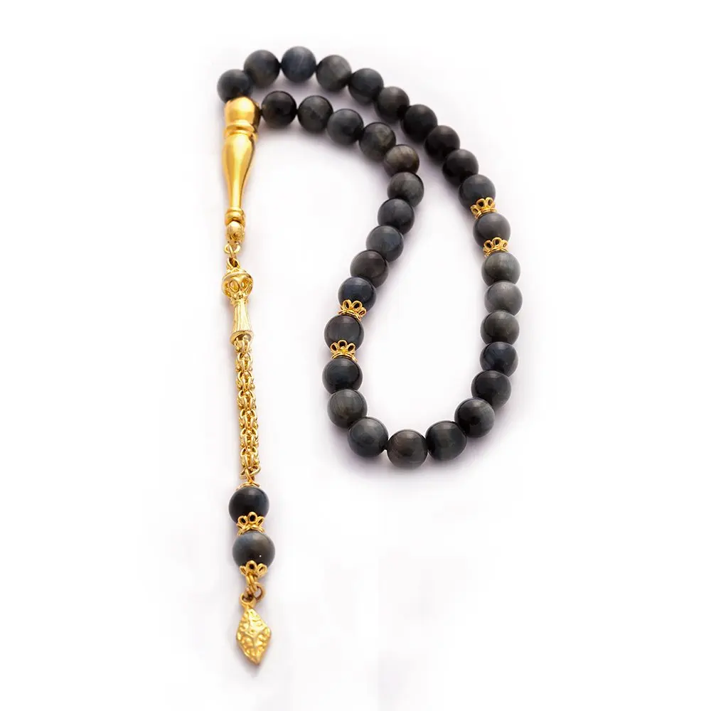 Natural Tiger-Eye Gold Plated 925 Silver Tassel 33 Beads For Prayer Tasbih Rosary Men Women Meditation Jewelry From Turkey