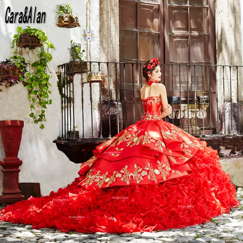 Charro-Vestidos De quinceañera con bordado De corazón, falda con volantes y cuentas, Vestidos De 15 Años