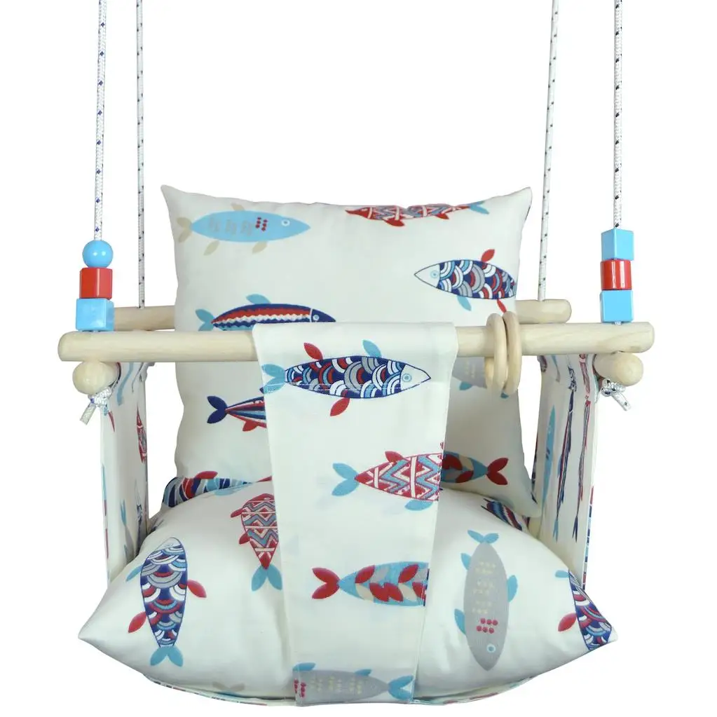 New season Unisex Baby Swing Natural Wooden Child Cotton Duck Fabric Linen Fabric Fish Pattern Hammock Home Type Animal Pattern