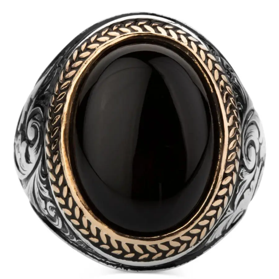 Sterling Silver Intricately Inlaid Mens Ring with Black Onyx Stone Fashion Turkish Premium Quality Handmade Jawelery