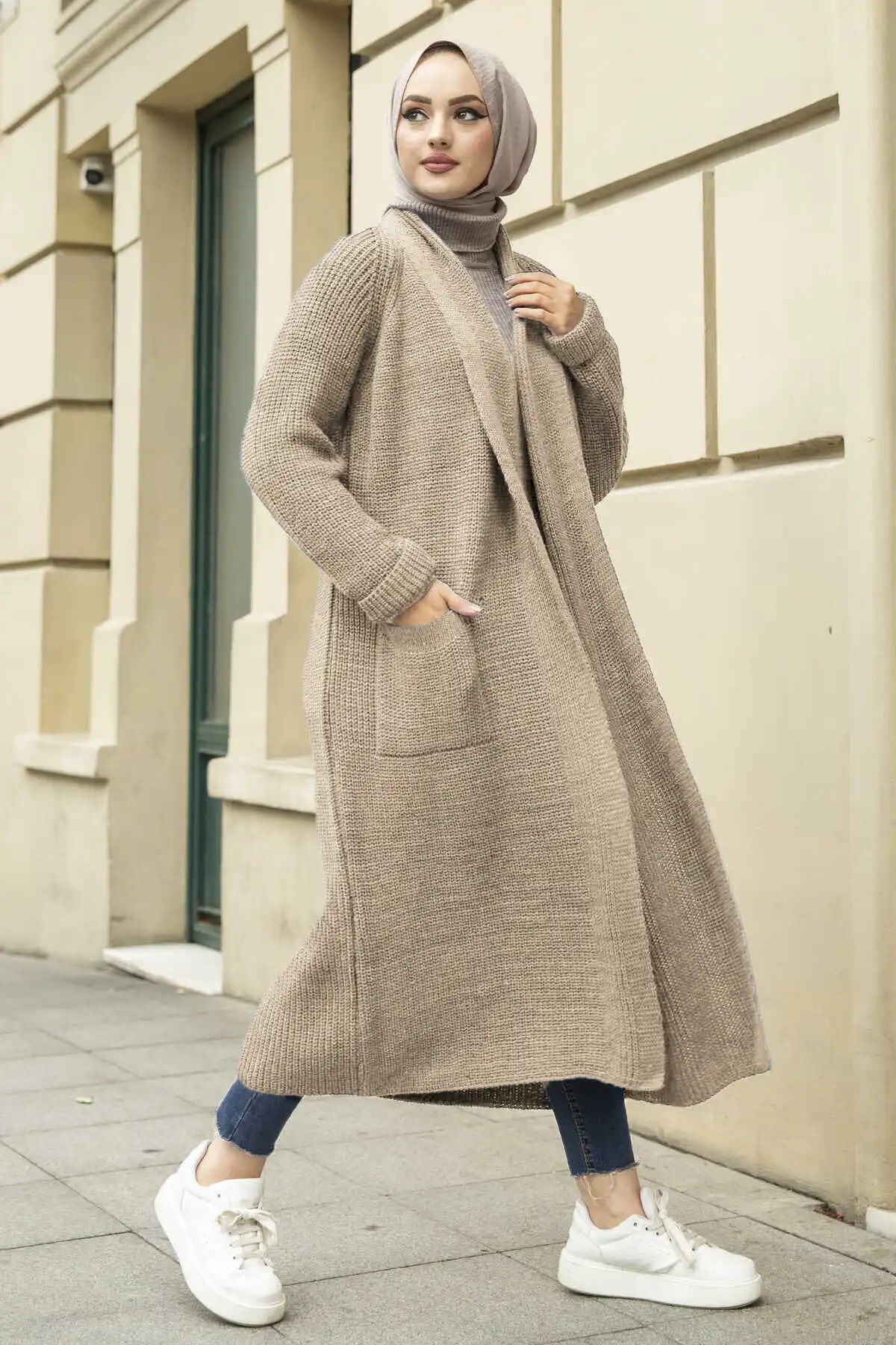 

Long Pocket Detailed Hijab Knitwear Cardigan Autumn And Winter Wool Cashmere Sweater Female Self-Cultivation Half High Neck Card