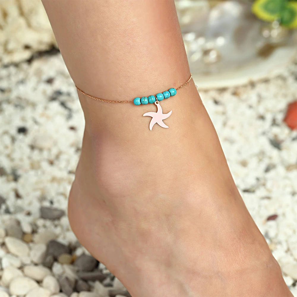 Beautiful 925 Sterling Silver Star Jewelry Rose Gold Plated Anklet with Turquoise