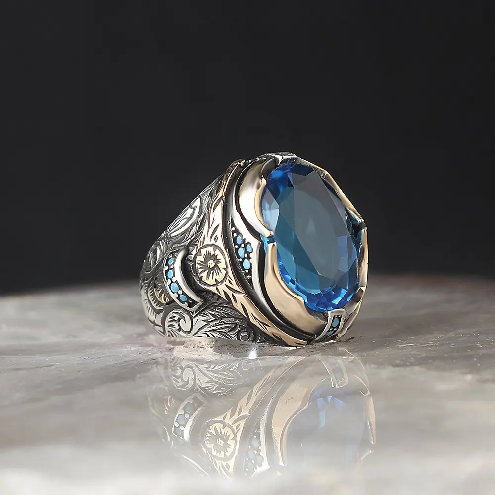 

MEN 'S 925 Sterling Silver Ring, Blue Topaz Stone, Gift Item, Special Design Handmade Made in Turkey