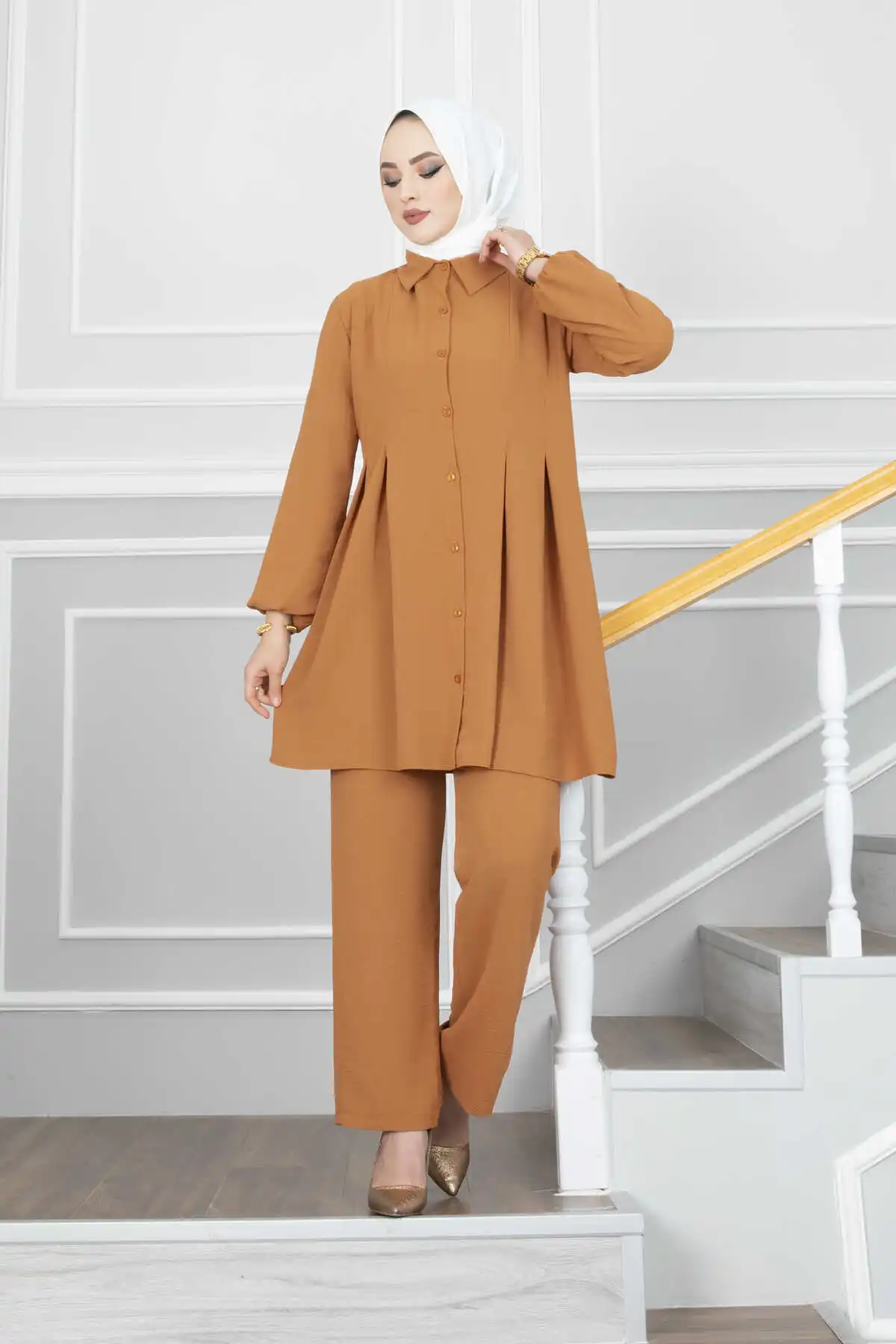 Hijab plisado para mujer, traje doble de Ramadán, vestido musulmán turco Abaya de Dubai, conjunto de ropa islámica de caftán, 2 piezas Ramadán Eid