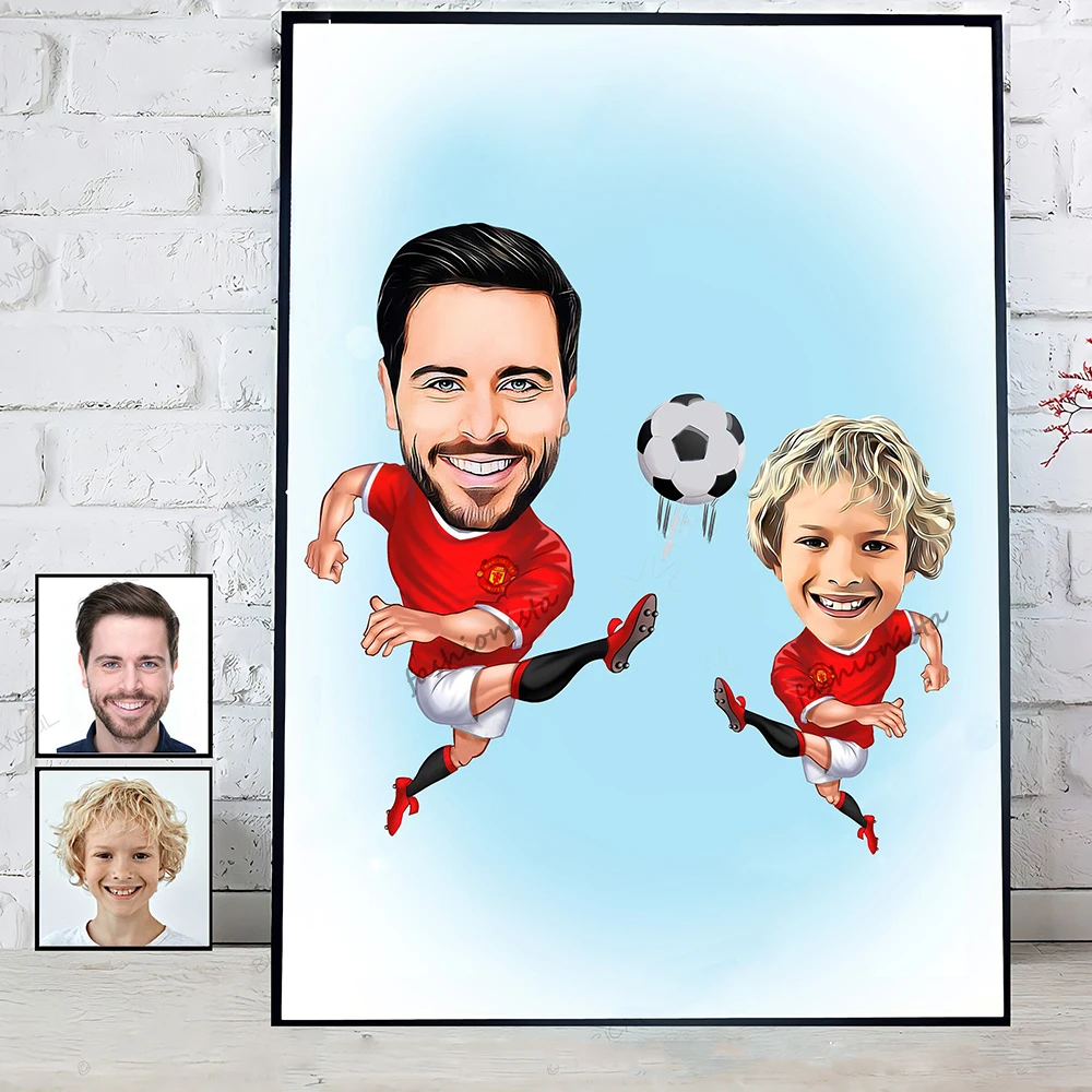 Modern Cartoon Sports Custom Portrait Poster Print on Canvas Wall Art Football Dad and Son Family for Birthday Gifts Room Decor