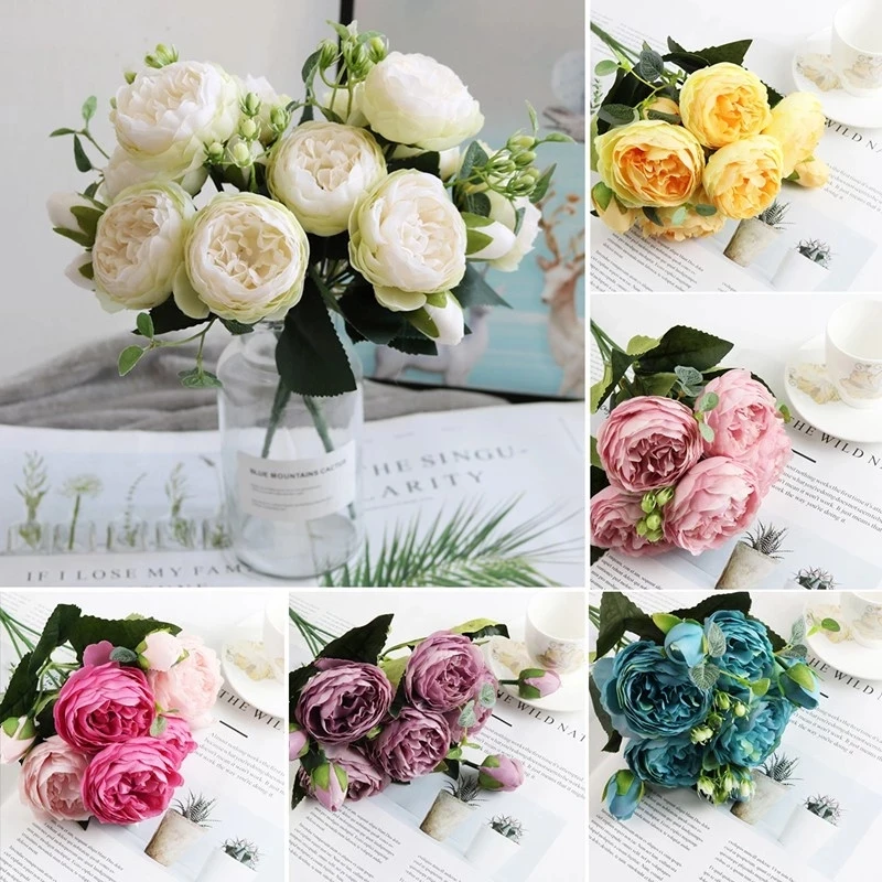 Colorful Rose Artificial Flowers Peony Bouquet Silk Fake Flowers Decoration Wedding Bride Bouquet for Diy Home Garden Decoration