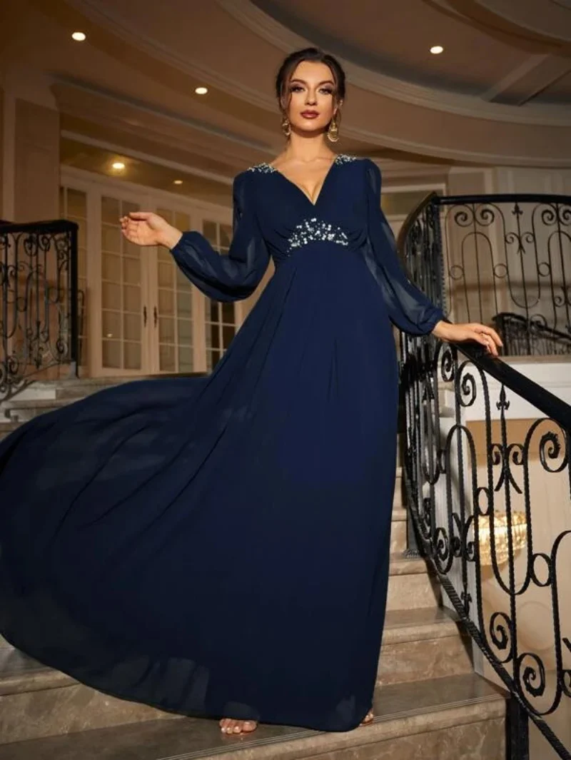 Chiffon A Line Dresses Party Evening Wear 2022 V Neck Beaded Long Sleeve Robe De Marrige Zipper Back Mother of the Bride Vestido