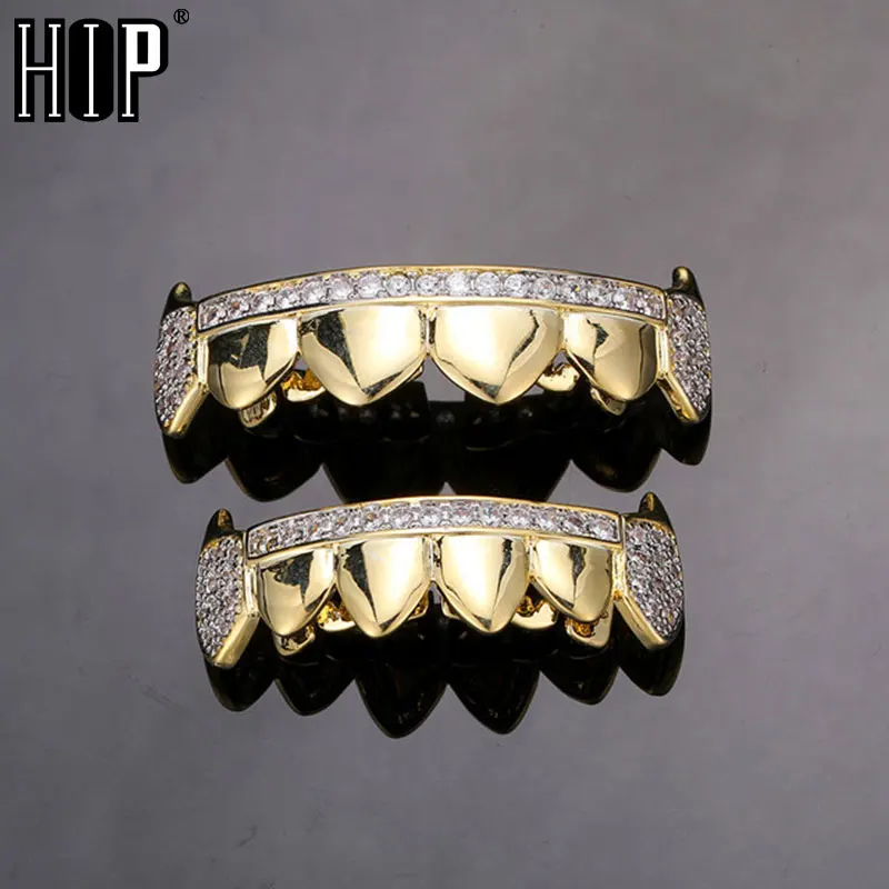 Hip Hop Bling Teeth Grillz Set Iced Out Grillz Caps Cubic Zircon Micro Pave Top & Bottom Charm Grills For Men Women Jewelry