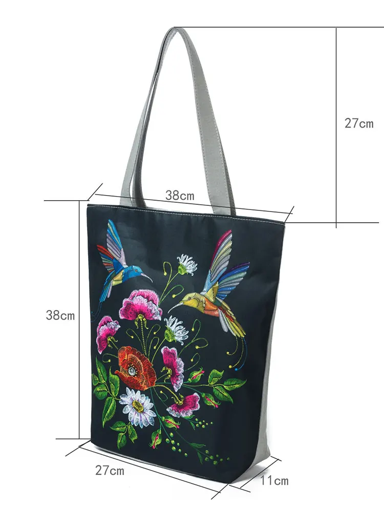 Bolso de mano Retro con bordado de flores y pájaros, bolso de hombro portátil que combina con todo, bolso de mano Vintage, bolso de compras grande