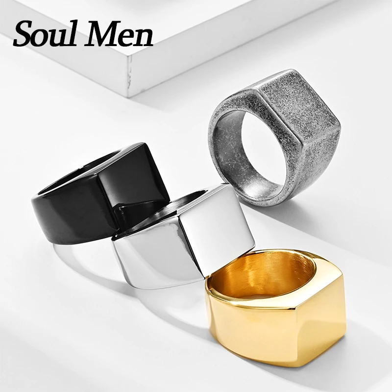 Engravable Big Head Ring INS Simple Big-Name Style Stainless Smooth mMen's Finger Ring  Distressed  Original Gold Color