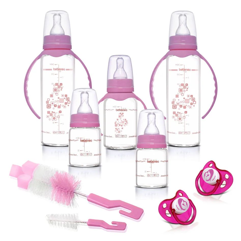 Heat Resistant Feeding Glass Bottle Sets 9 Pcs | Brush | Orthodontic Soother Pacifier | Baby Gift