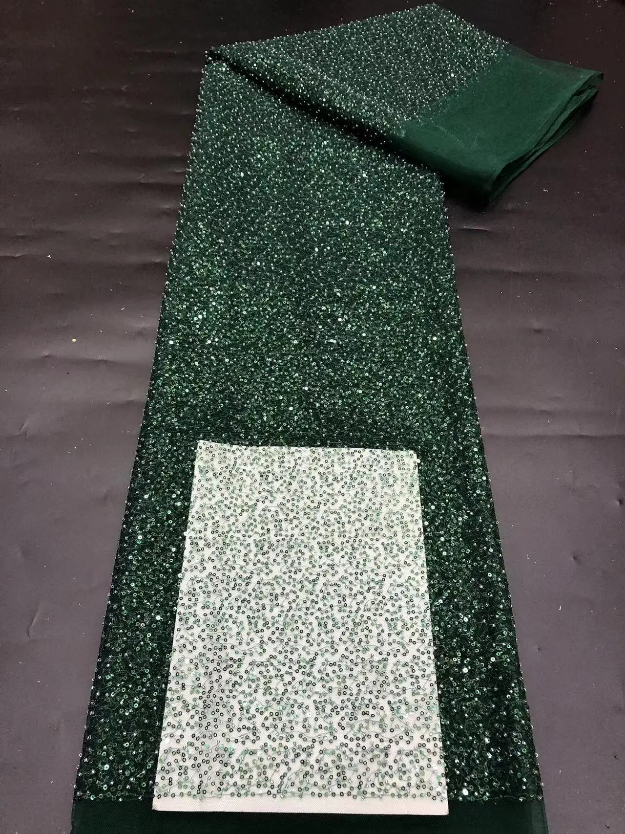 La Belleza green sequin lace fabric, New bridal fabric, little beads with sequins embroidery gown dress lace fabric 1 yard