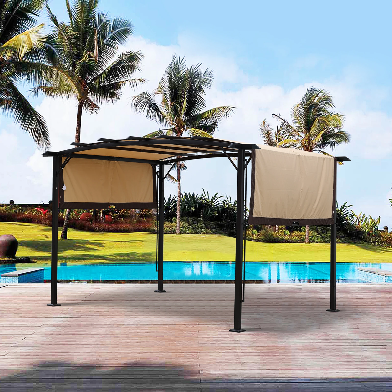 

12 x 9 Ft Outdoor Pergola Patio Gazebo Retractable Shade Canopy Steel Frame Grape Gazebo Sunshelter Pergola[US-Stock]