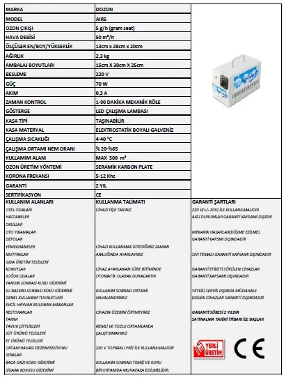 DOZON AIR5 5.000 mg / h Ozone Generator