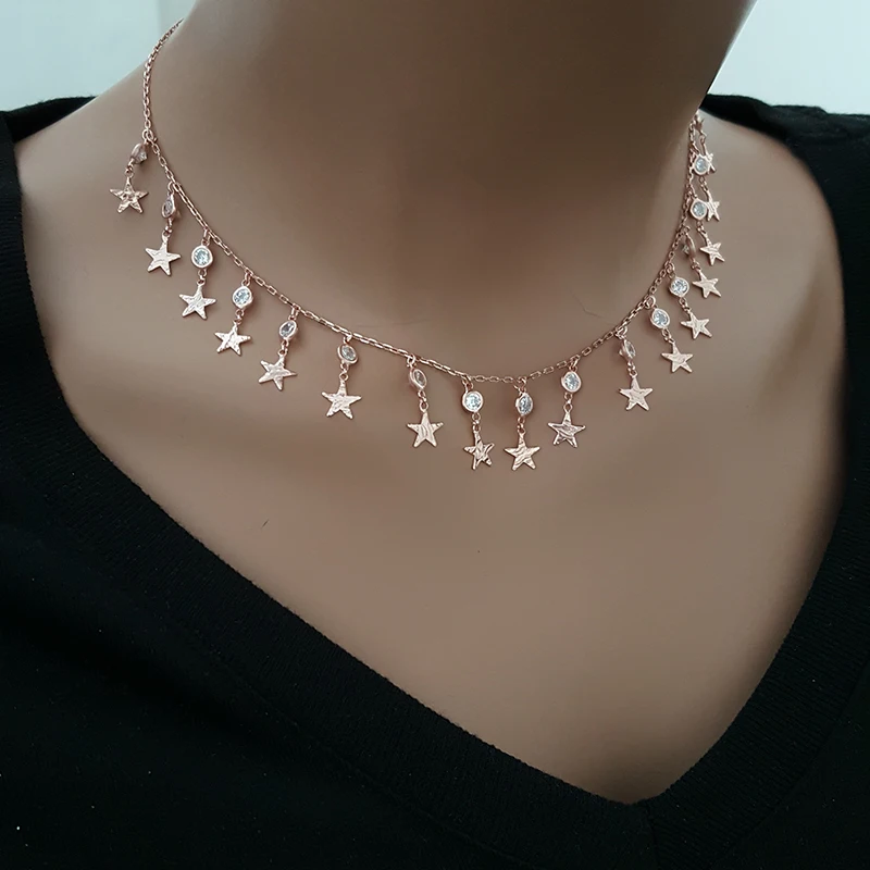 Star Disc Silver Necklace Choker Rose Gold Plated Minimalist Star Necklace Dainty Necklace