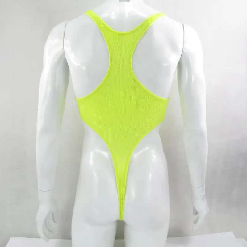 G428D Mens bodysuit Thong Leotard Racer Back Nylon spandex slightly C-thru honeycomb mesh