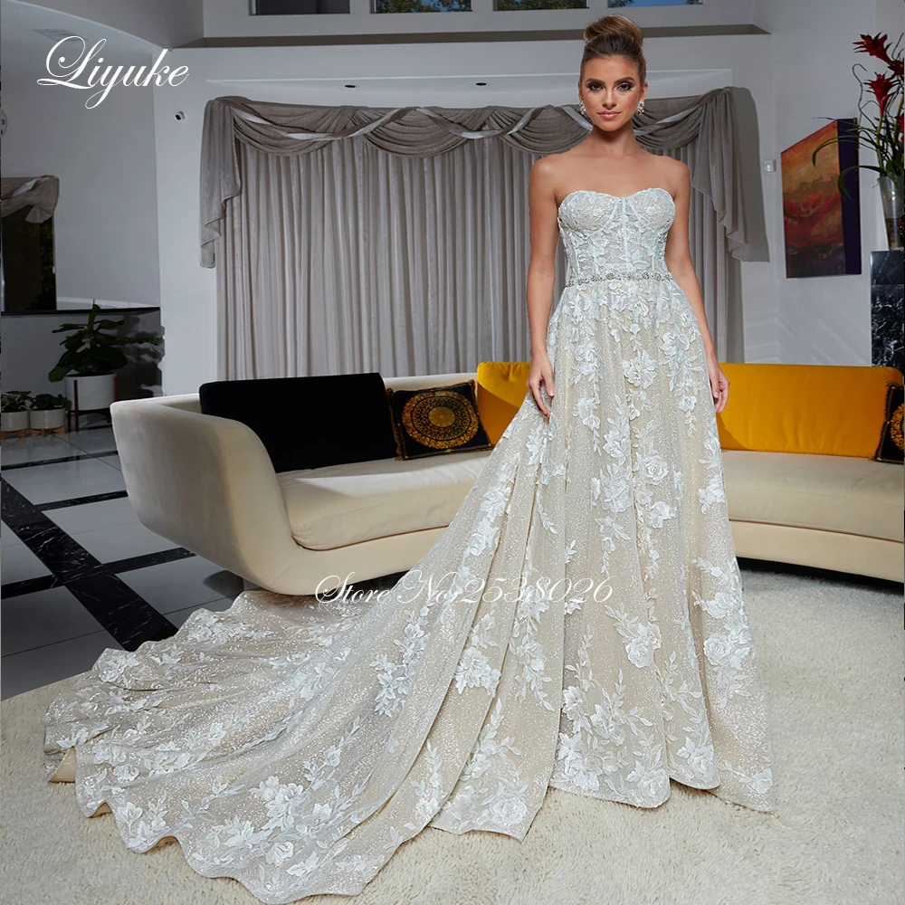 

Liyuke Sparkle Lace A Line Wedding Dress With Chapel Train Backless Vestido De Noiva