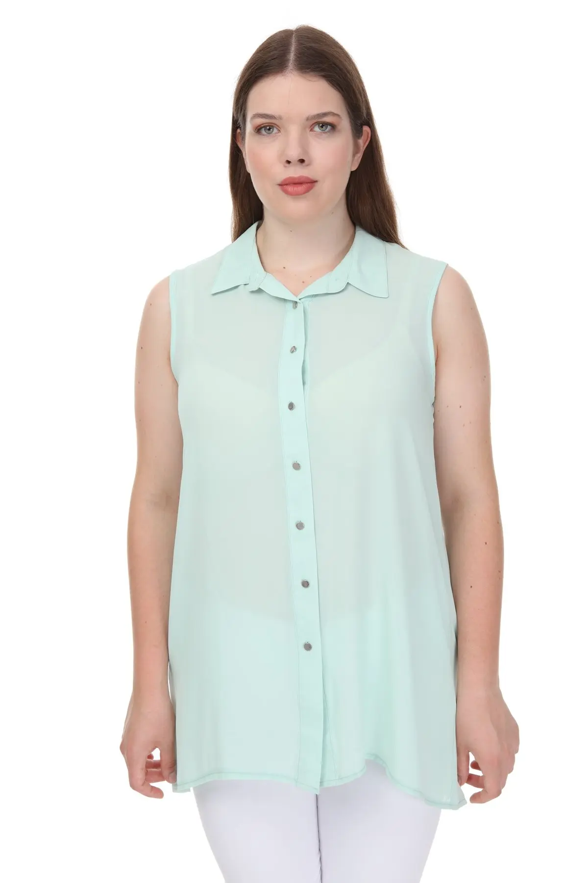 Hanezza Plus Size Women Fashion 2021 Summer Clothing Solid Sleeveless Elegant Satin Shirts + 2XL - 6XL + Large Size Turn-Down Collar Pocketless Chic Tops + 42 - 52 EU Casual Wear Female Plus Body Type Mint