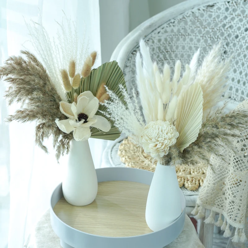 

1set DIY Dry Flowers Palm Fan Leaf Dried Natural Plant Palm Leaves Party Wedding Arrangement Flower With Vase Room Decoration