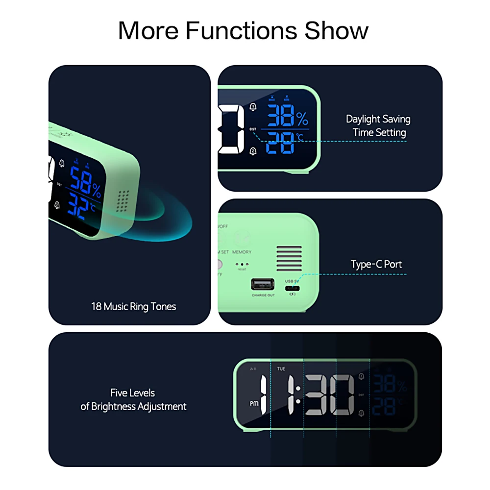 Reloj despertador Digital LED con música, Control por voz, pantalla de temperatura y humedad, relojes de escritorio, decoración de mesa para el