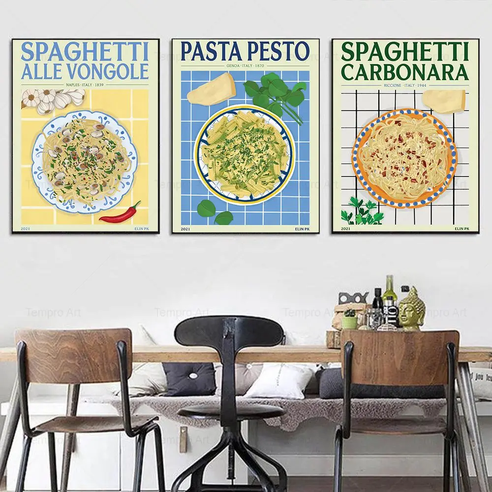 Vintage Italian Food Nordic Poster and Prints Paster Pesto Cartoon Canvas Painting Wall Art Pictures Retro Kitchen Canteen Decor