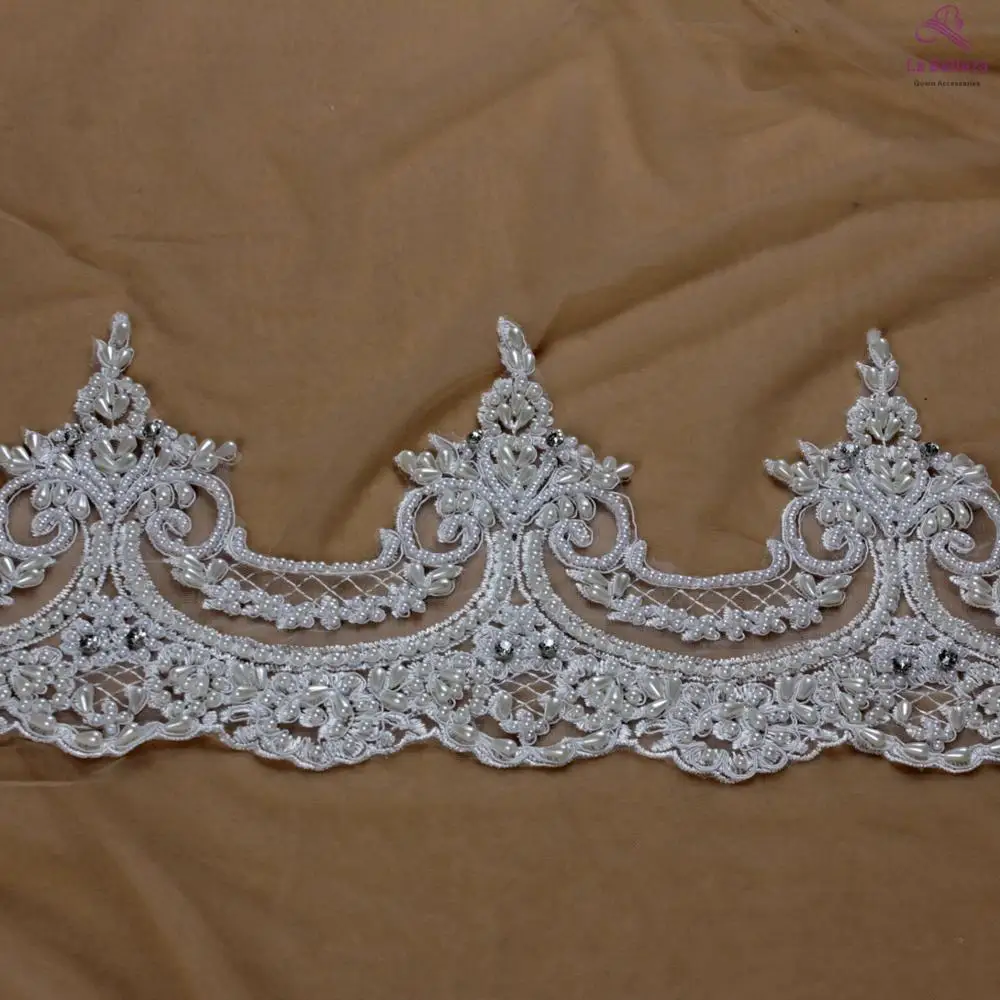 La Belleza 19cm width ivory/black/Gold handmade pearls stones beaded lace trim,gown lace,Bride veil lace 1 YARD