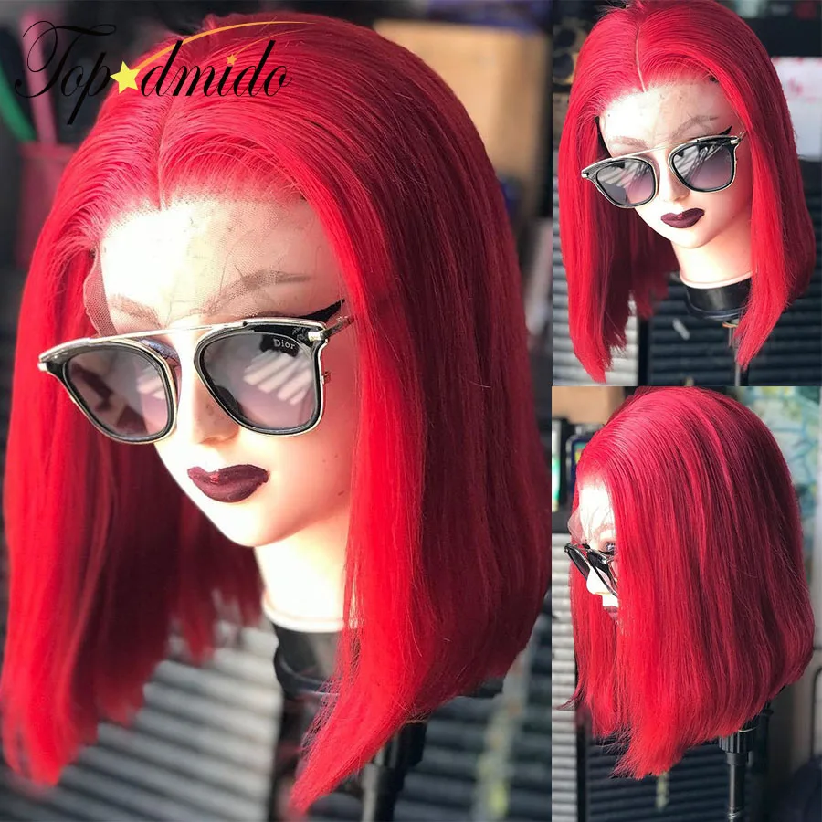 

TOPODMIDO Red Color Short Human Hair Bob Wigs 13X1X6 Lace Front Wig with Baby Hair Peruvian Remy Hair 4x4 Closure Wigs For Women